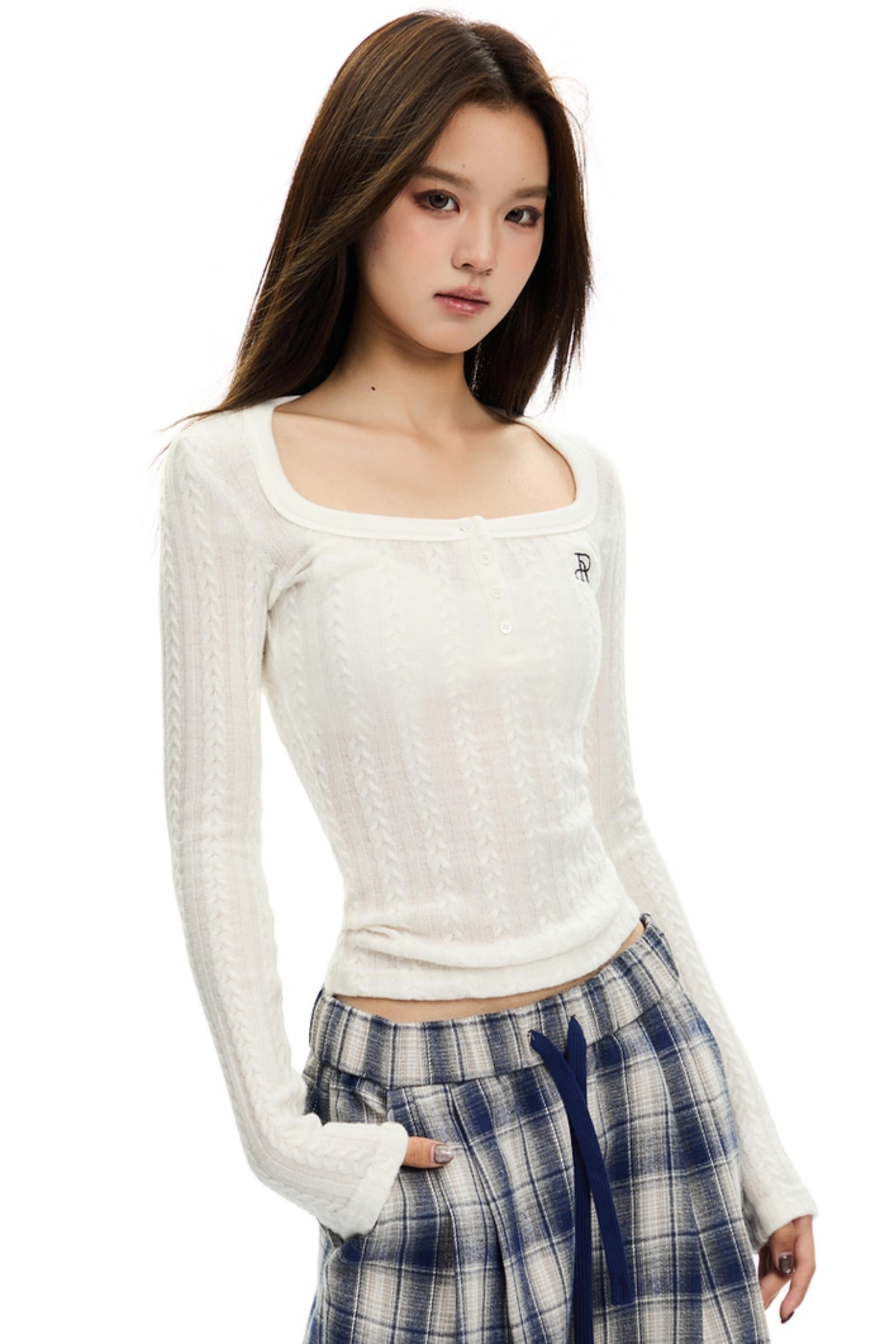 Retro Square Neck Cable Knit Top