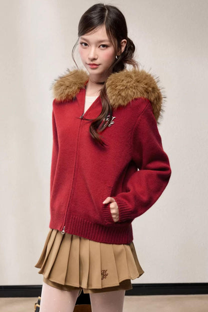 Fur Collar Hooded Knit Cardigan