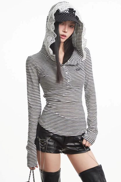 Lace Patchwork Hooded Top