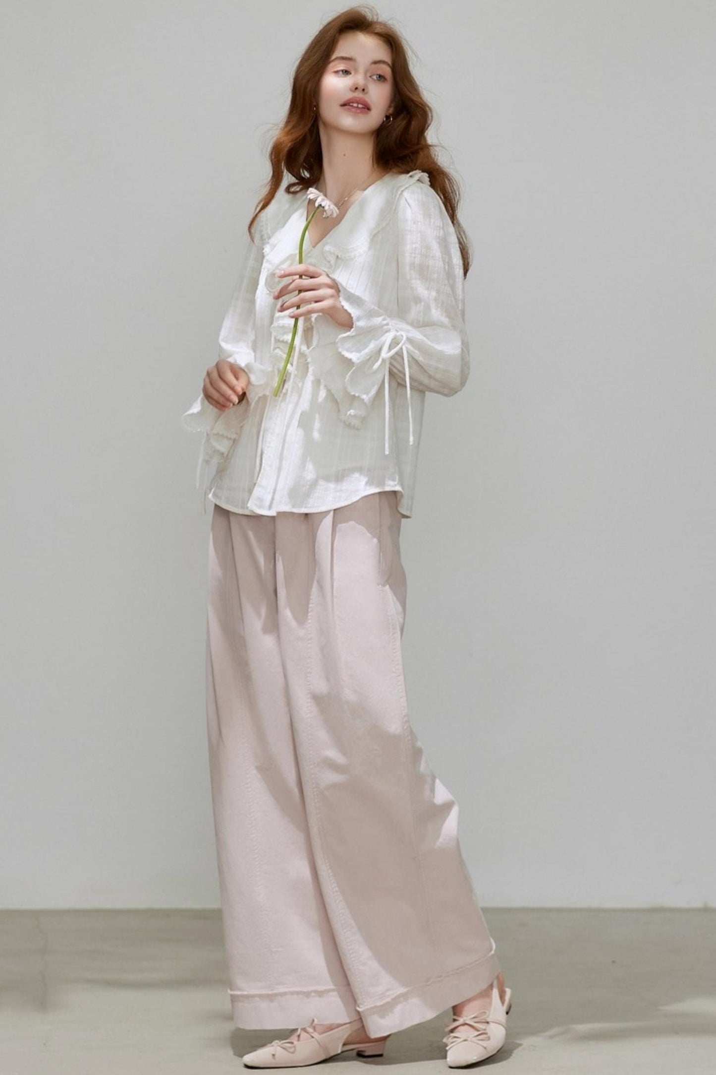 White V-Neck Ruffled French Top Shirt