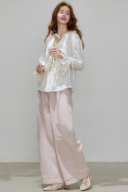 White V-Neck Ruffled French Top Shirt