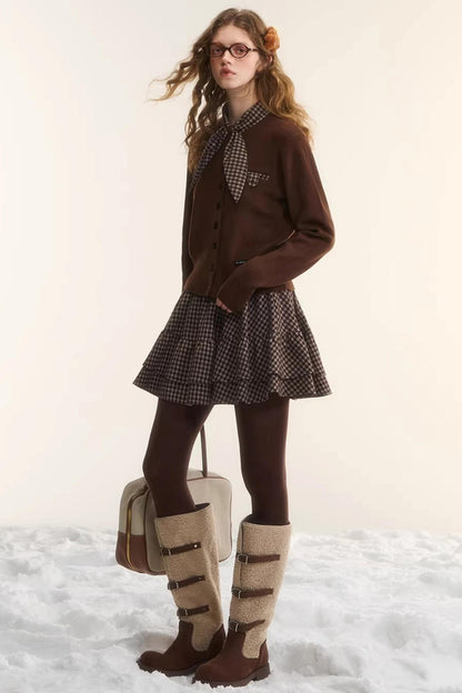 Plaid Melard Knit Top Skirt Set-Up