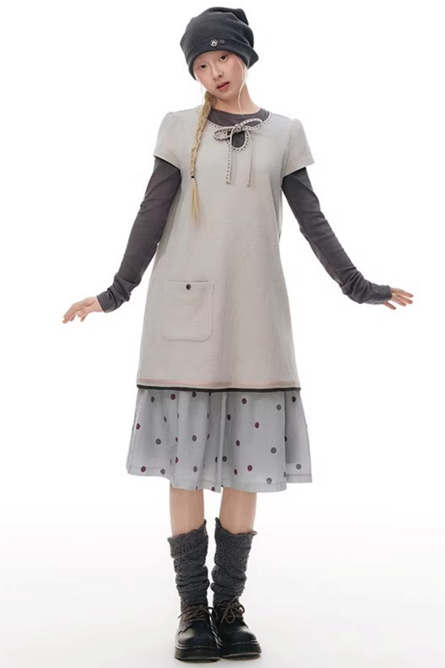 Embroidered Tie Neck Dress