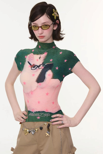 Sweet Pleated Cat Print T-Shirt