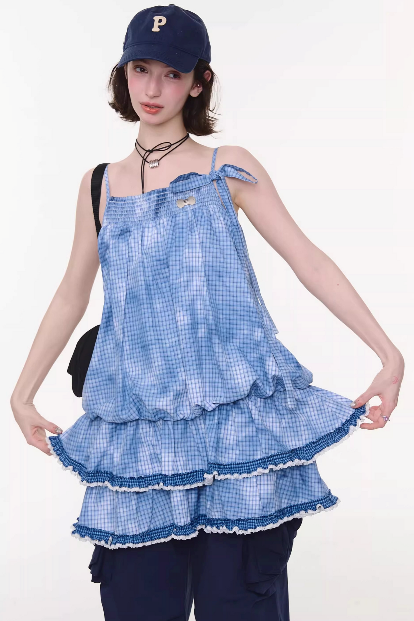 Summer Blue Plaid Lace Dress