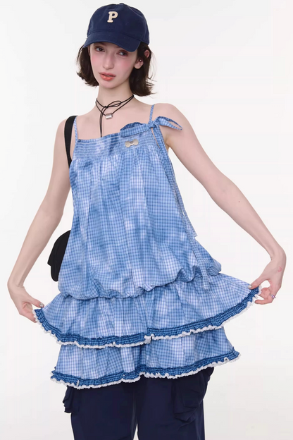 Summer Blue Plaid Lace Dress