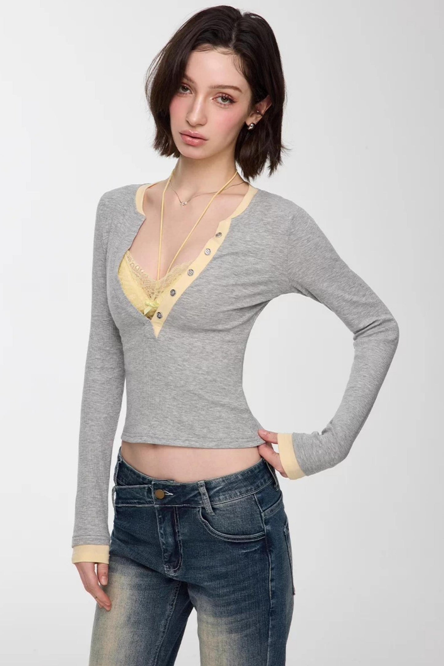 Color-Blocked Deep V-Neck Top Set-Up