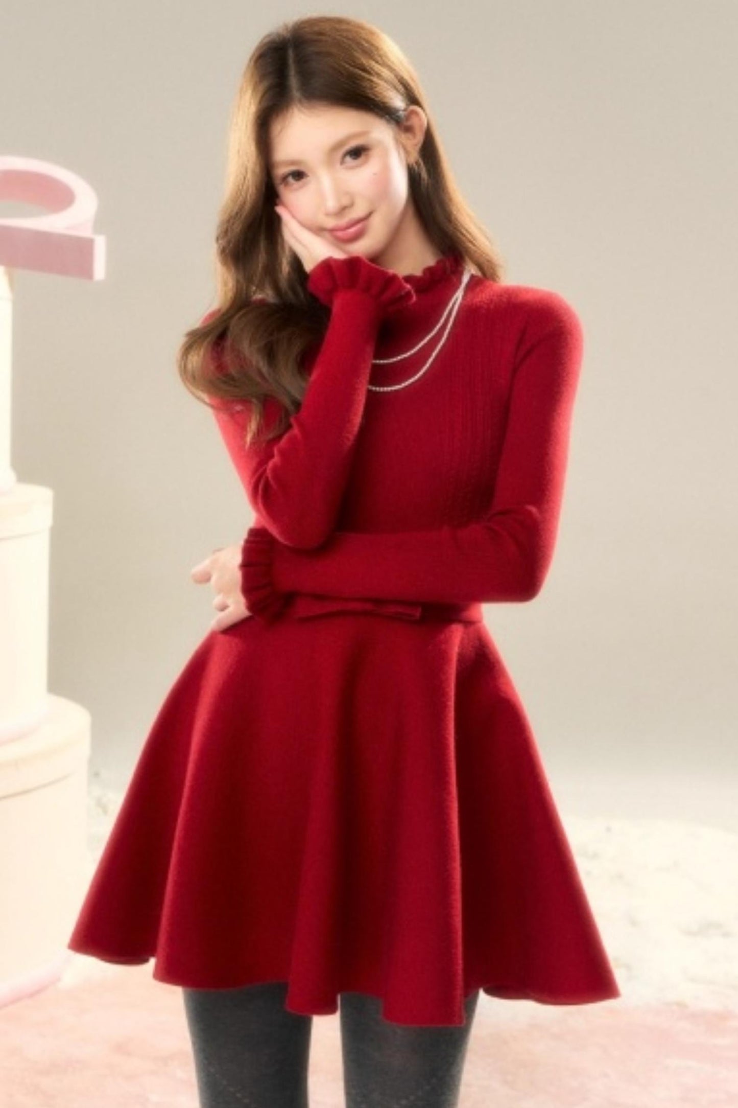 Lace High-Neck Knitted Dress