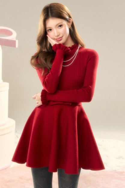 Lace High-Neck Knitted Dress