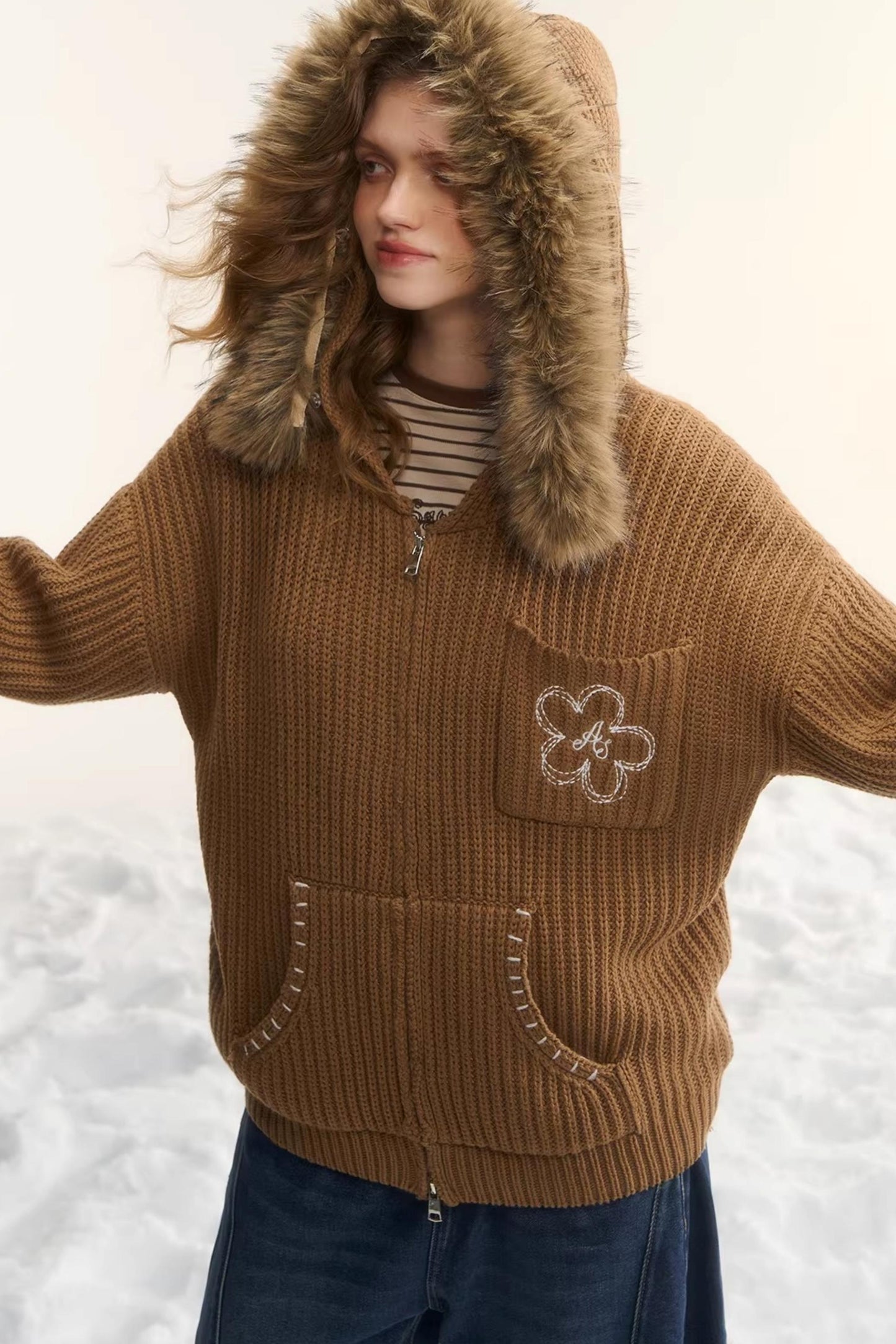 Detachable Fur Hooded Cardigan