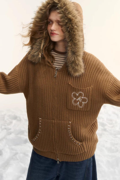 Detachable Fur Hooded Cardigan