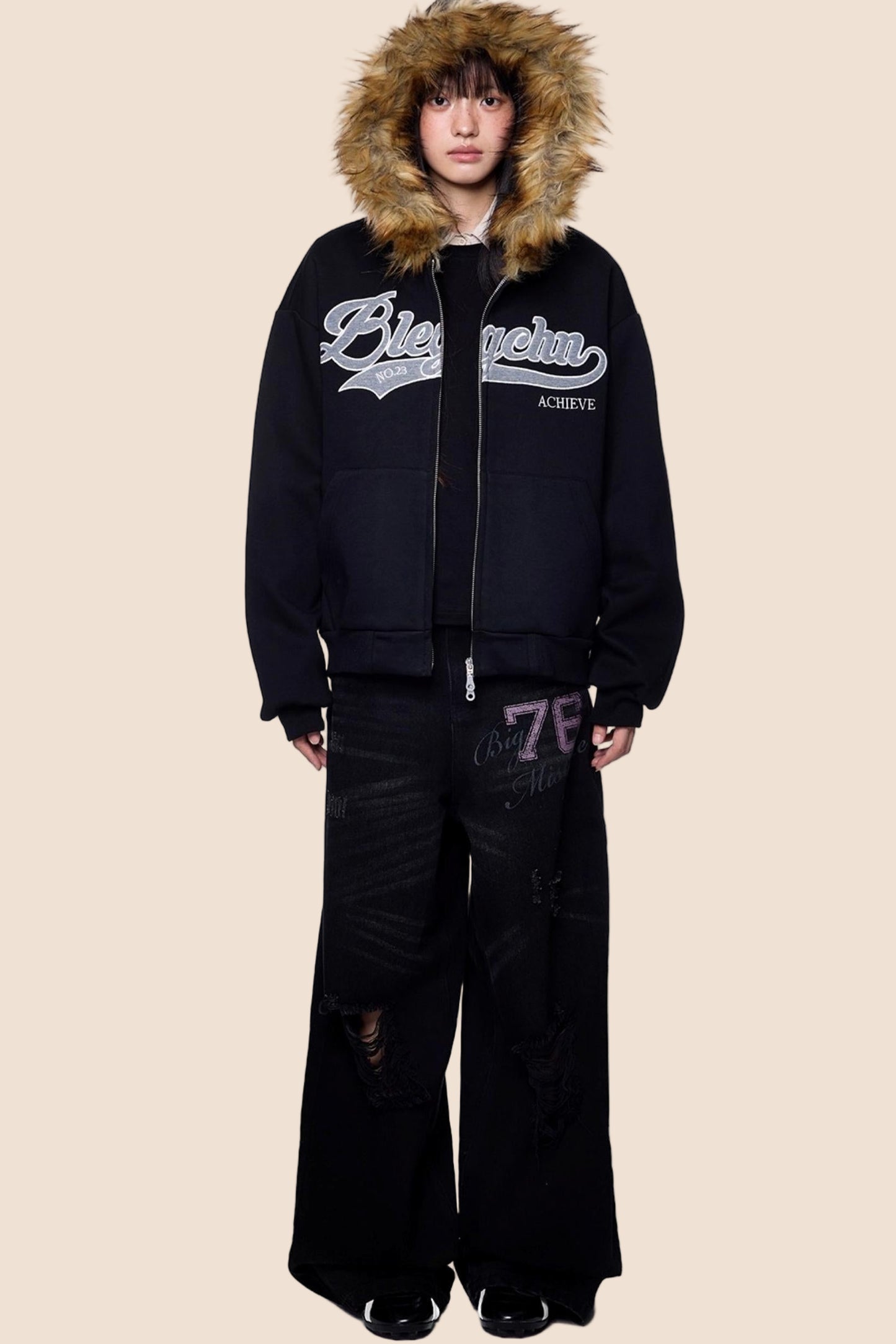 Embroidered Fur Collar Hooded Cardigan