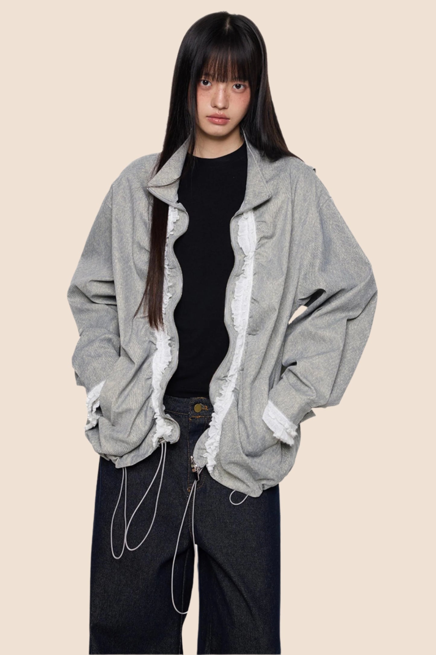 Loose Fit Pleated Lace Zip Jacket