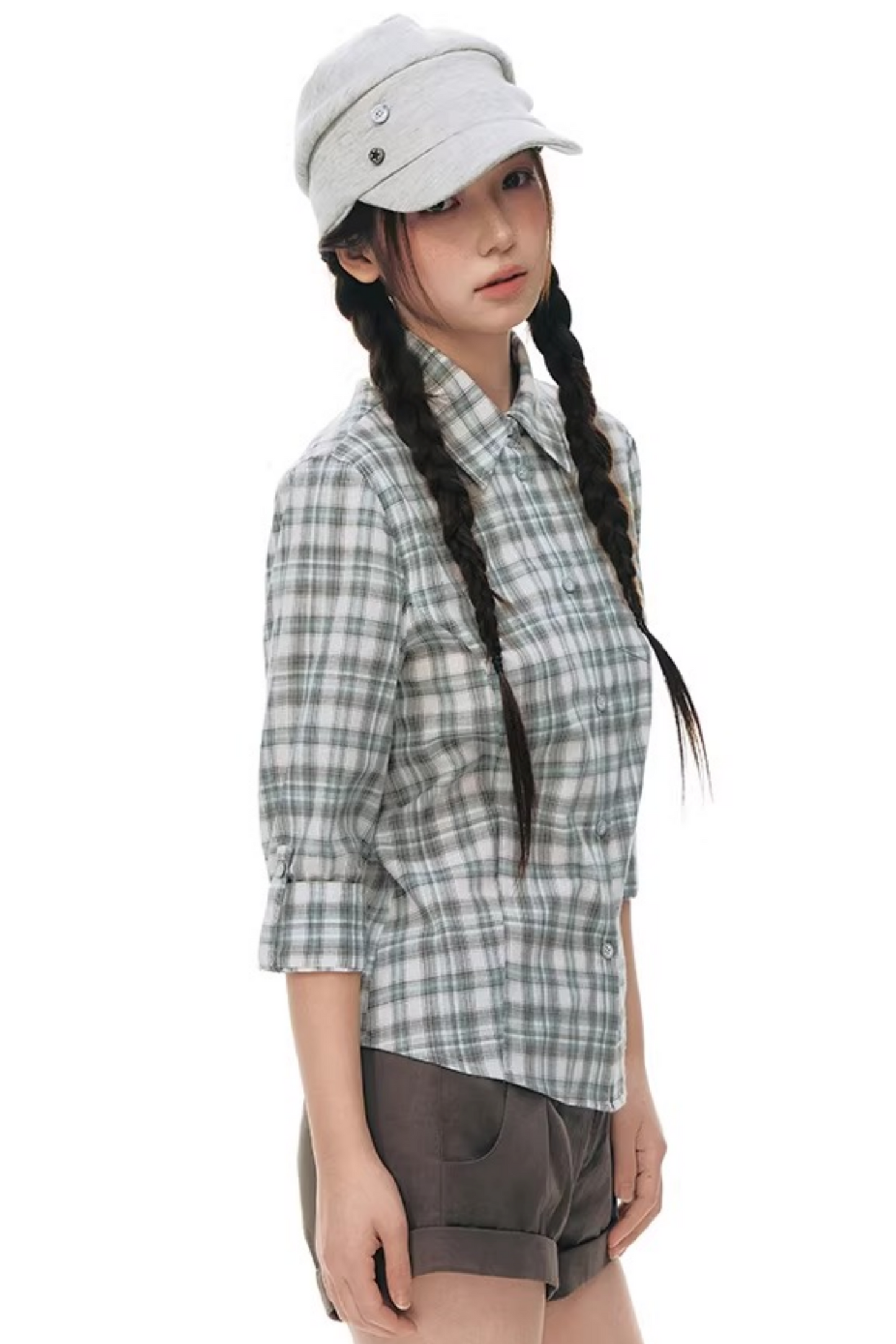 Plaid Cotton Waist-Cinching Blouse