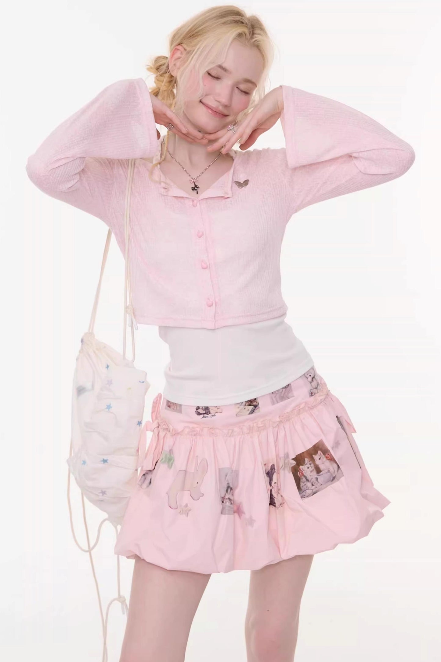 Bell-Sleeved Pink Knitted Cardigan