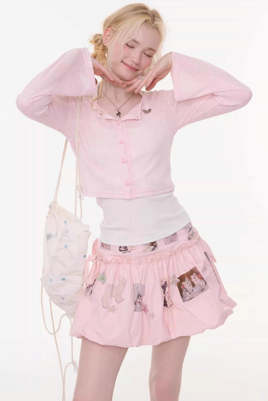 Bell-Sleeved Pink Knitted Cardigan