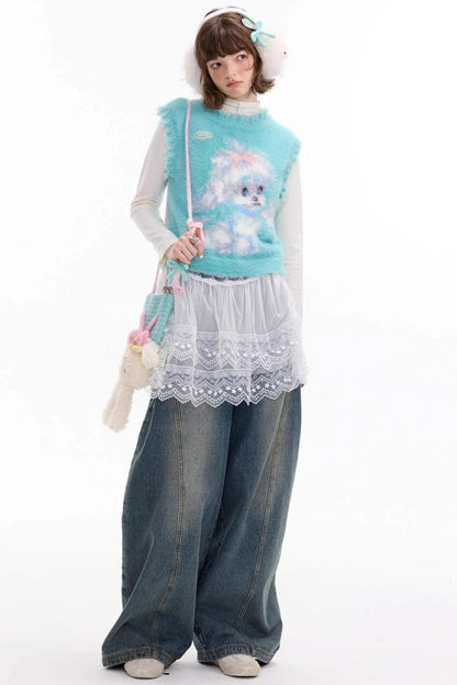 Autumn Vintage Teal Dog Knitted Sweater