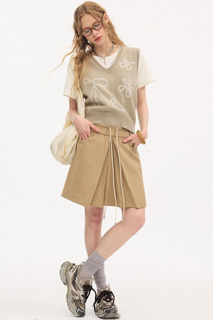 Color-Block Tie Pleated Skirt