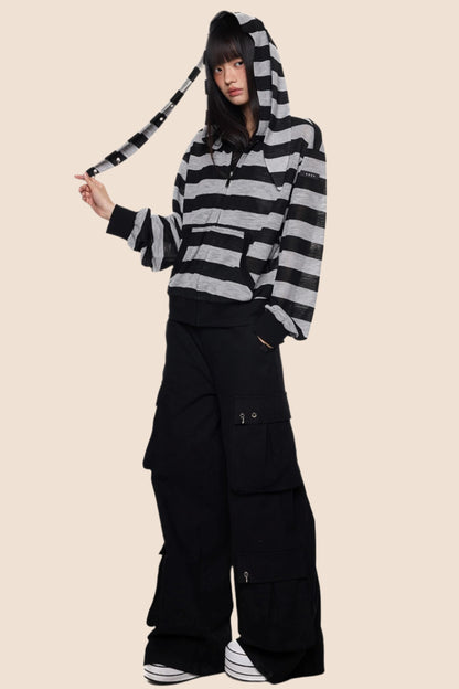 Rabbit Ears Stripe Hooded Long Sleeve Cardigan