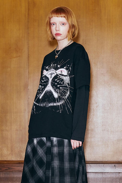 Cat Head Print Loose T-Shirt