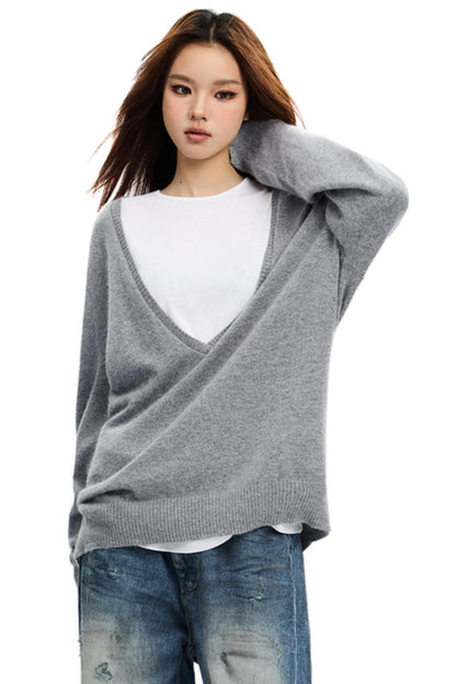 Grey V-Neck Retro Sweater