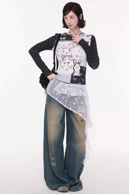 Contrast Bow Rabbit Top