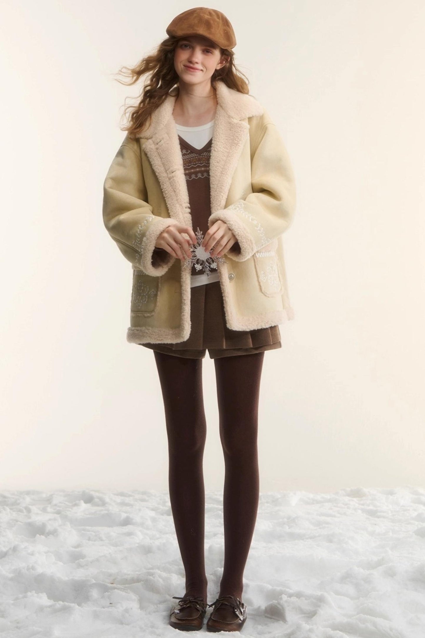 Embroidered Shearling Wool Jacket Set-Up