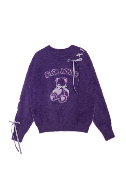 Purple Plush Bear Ribbon Sweater