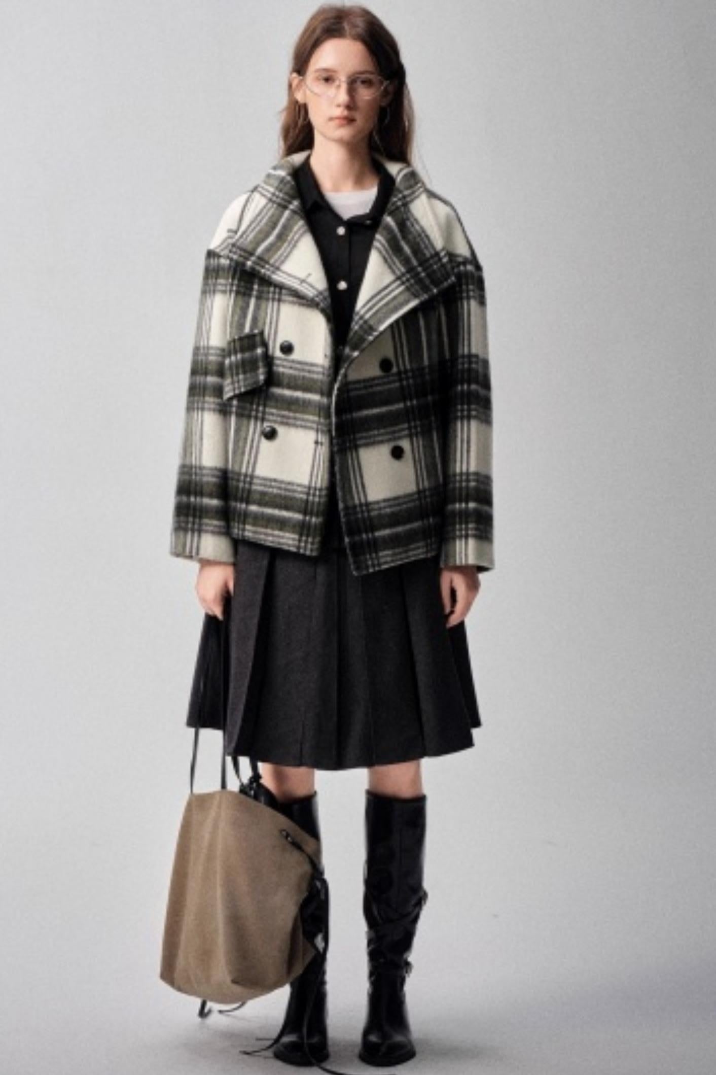 Large Lapel Plaid Woolen Coat