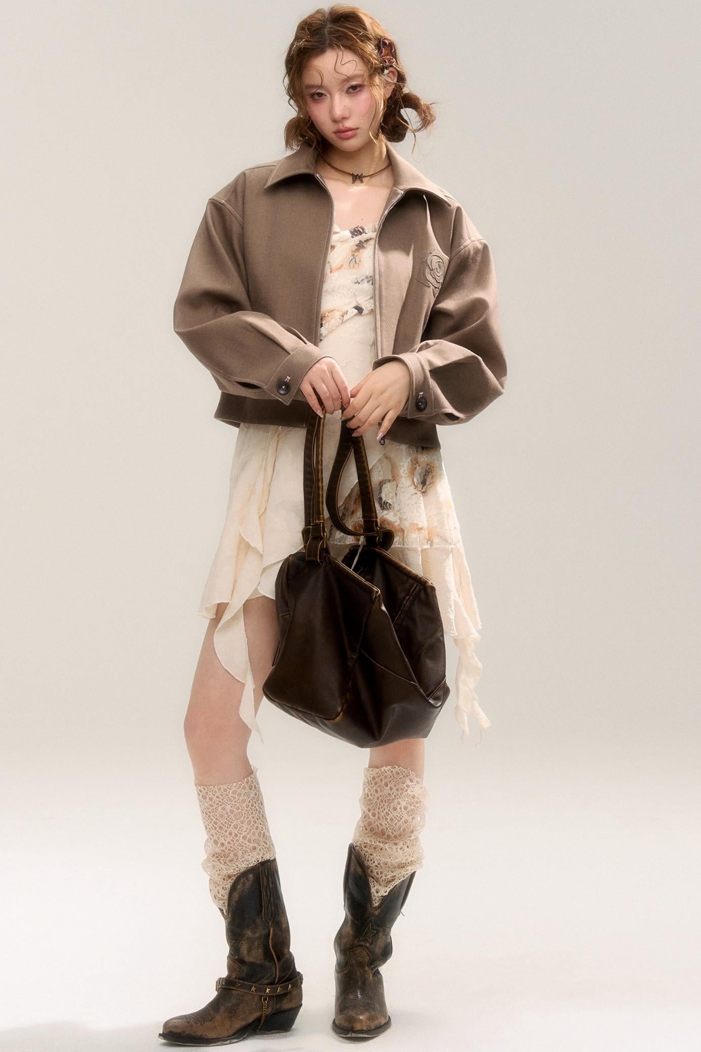 Beige Apricot Irregular Lace Dress