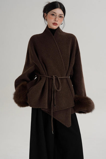 Elegant Fox Fur Sleeve Wool Coat