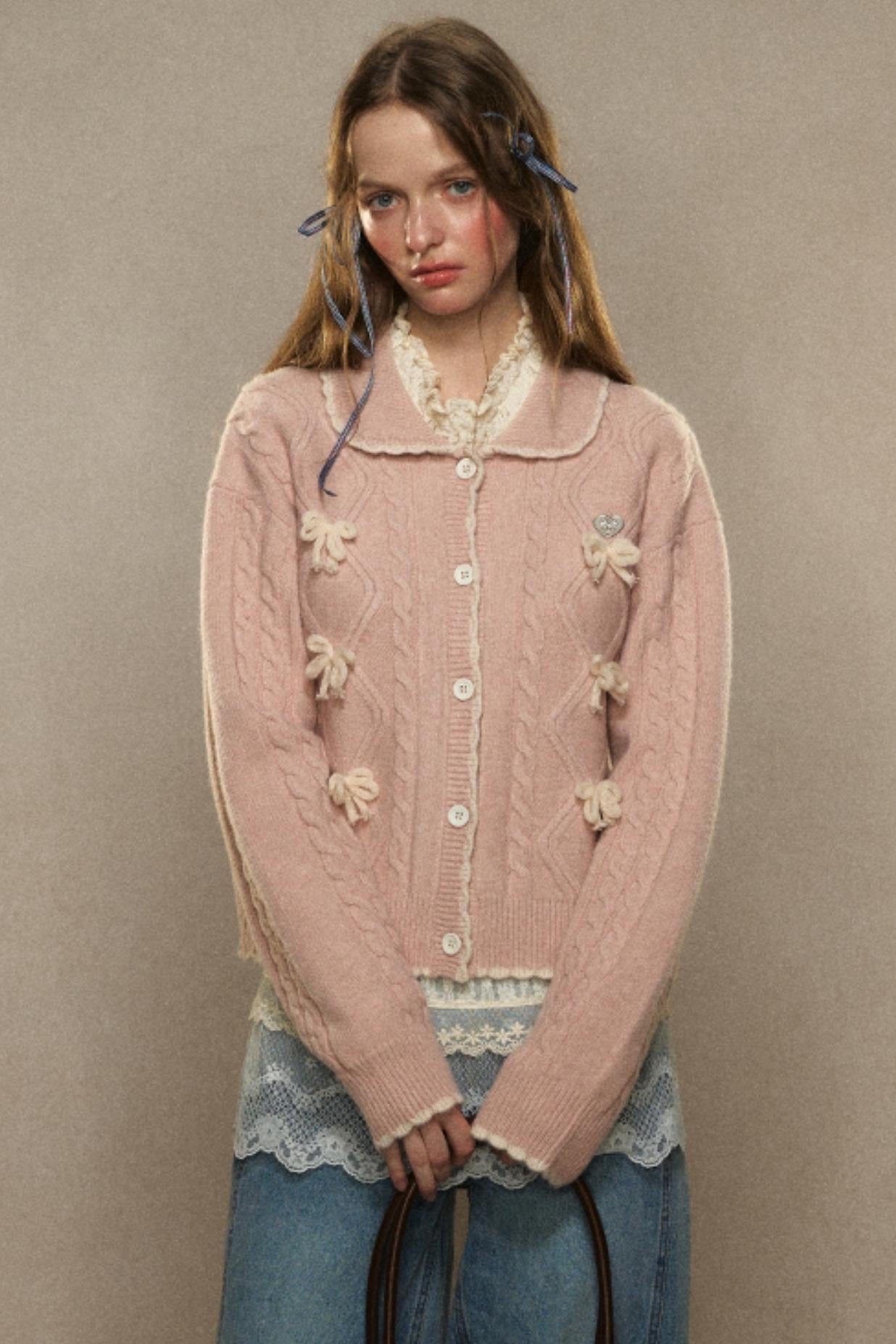 Cropped Pink Bow Sweater Cardigan