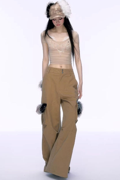 커피색 퍼리 카고 바지