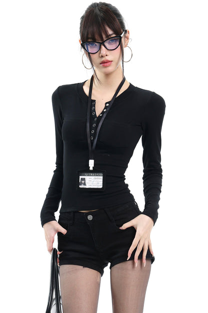 Braunes Slim-Fit-Oberteil mit Henry-Kragen