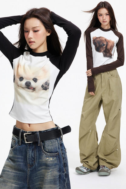 Puppy Print Raglan Slimming Knit Top
