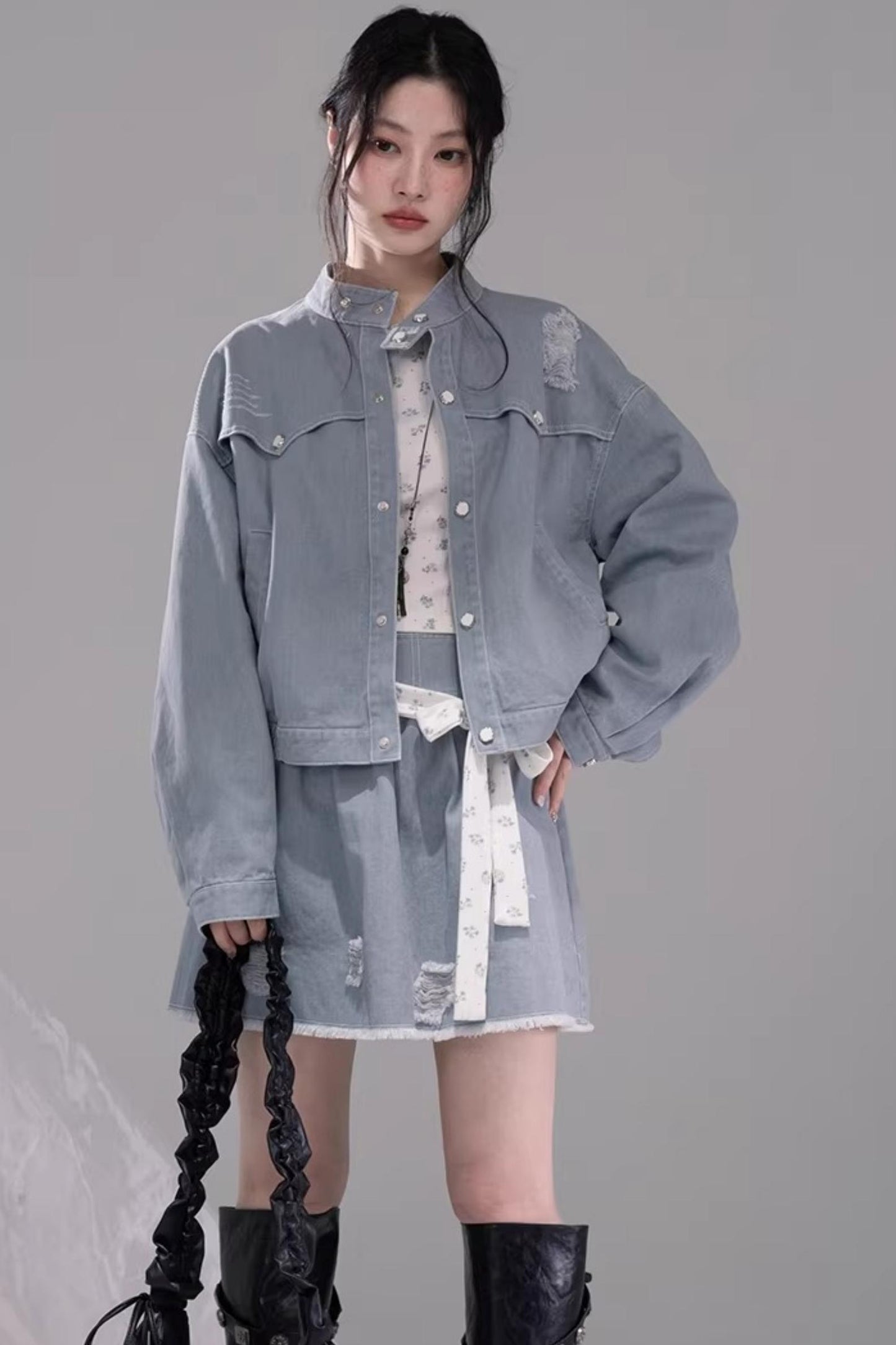 디스트레스드 록 데님 재킷 셋업