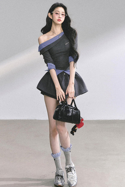 Gray Tone Slanted Shoulder Plaid T-shirt