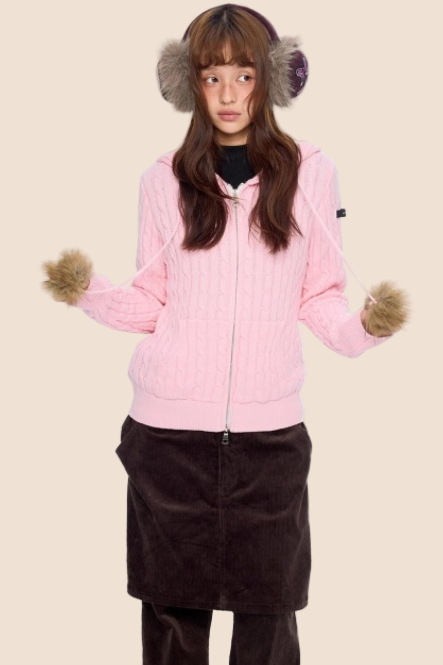 Furball Twisted Knit Hooded Cardigan
