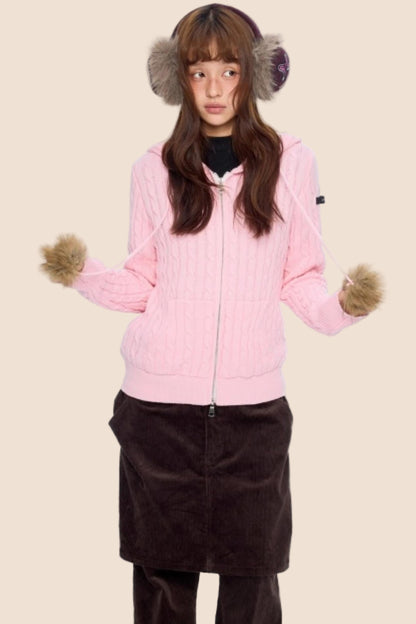 Furball Twisted Knit Hooded Cardigan