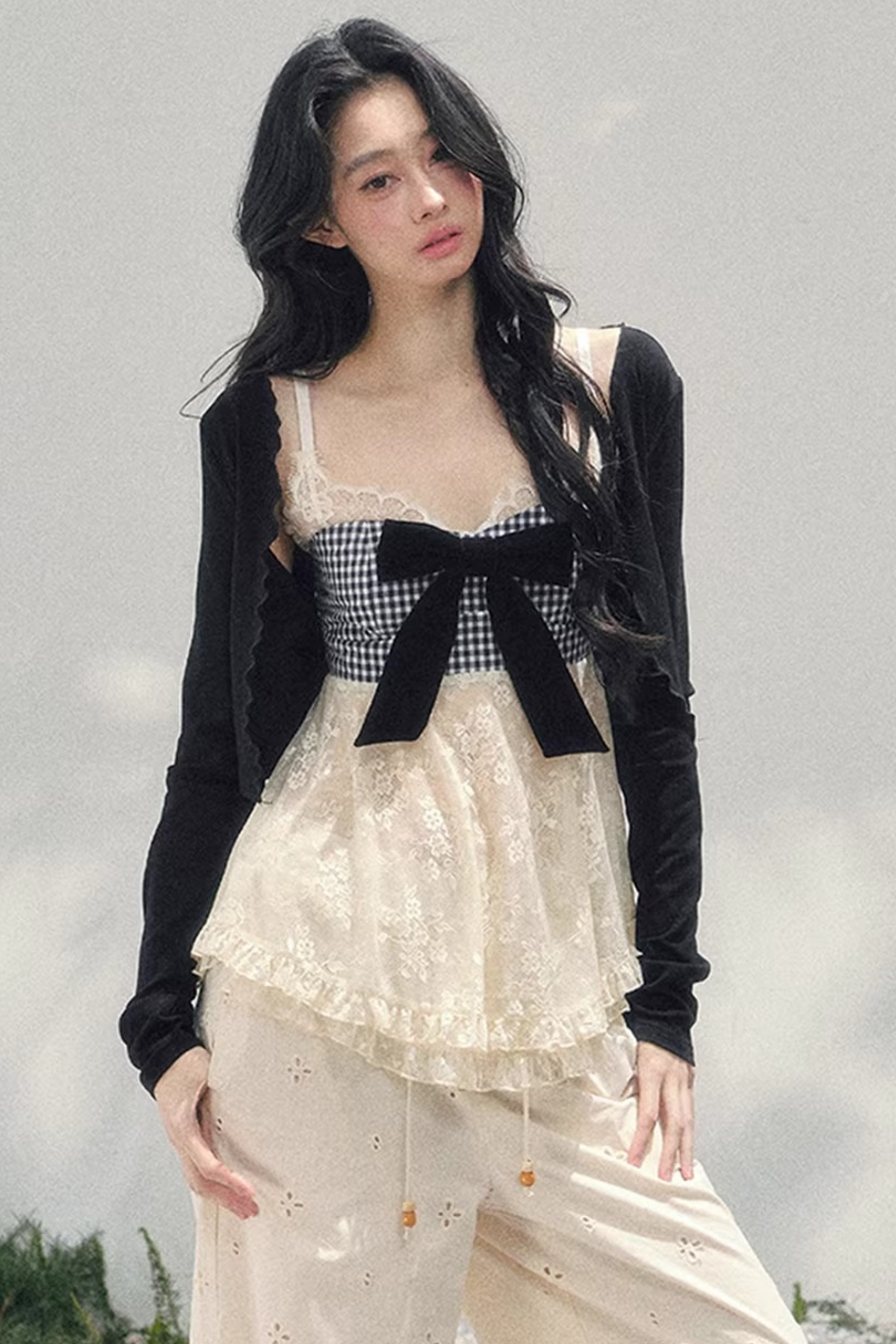 Bow Lace Plaid Top Set-Up