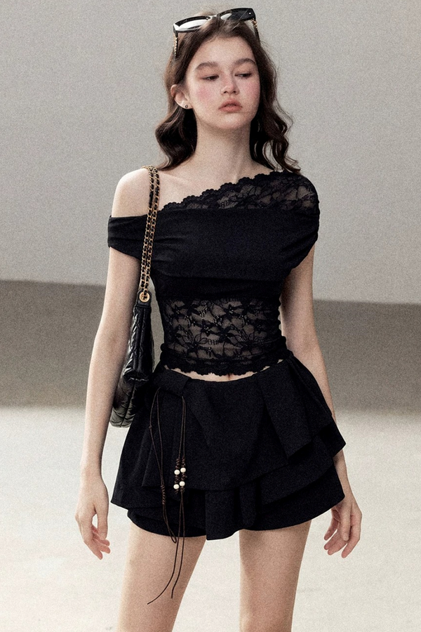Lace Asymmetrical Shoulder Top