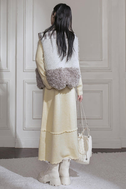 Cream Gray Lace Wool Dress