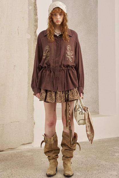 Vintage Striped Suede Embroidered Shirt