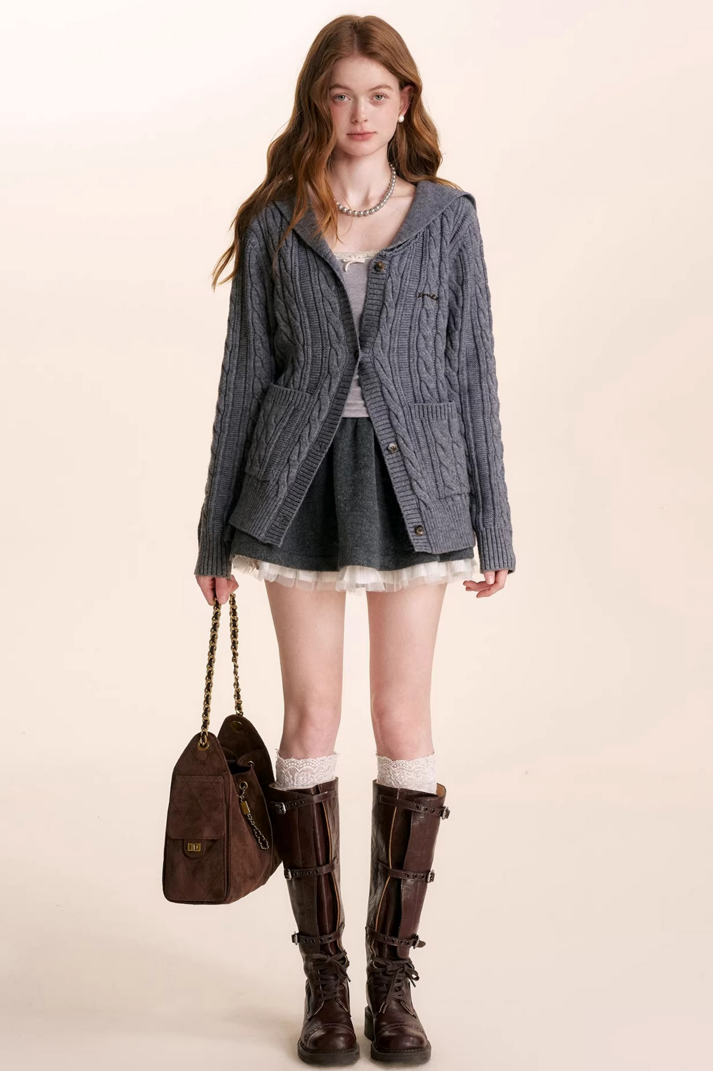 Navycore Wool Chain Embroidery Cardigan