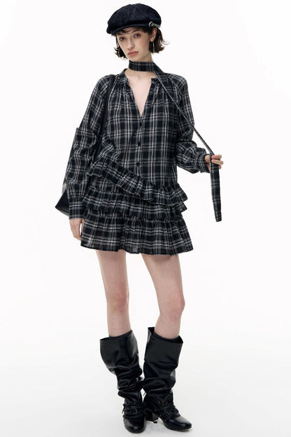 Plaid Ruffle Long Sleeve Shirt Dress