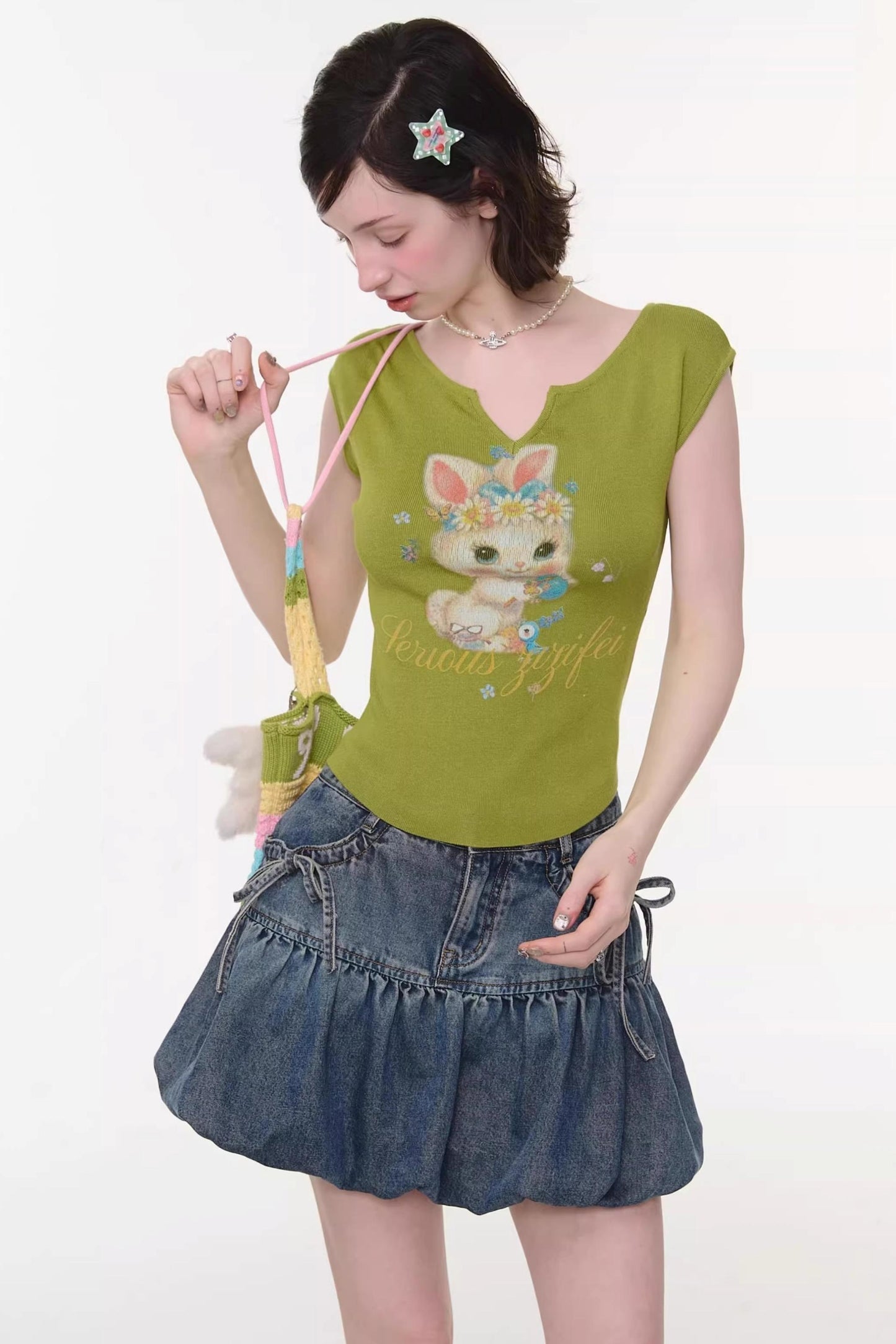 Green Rabbit Print Top