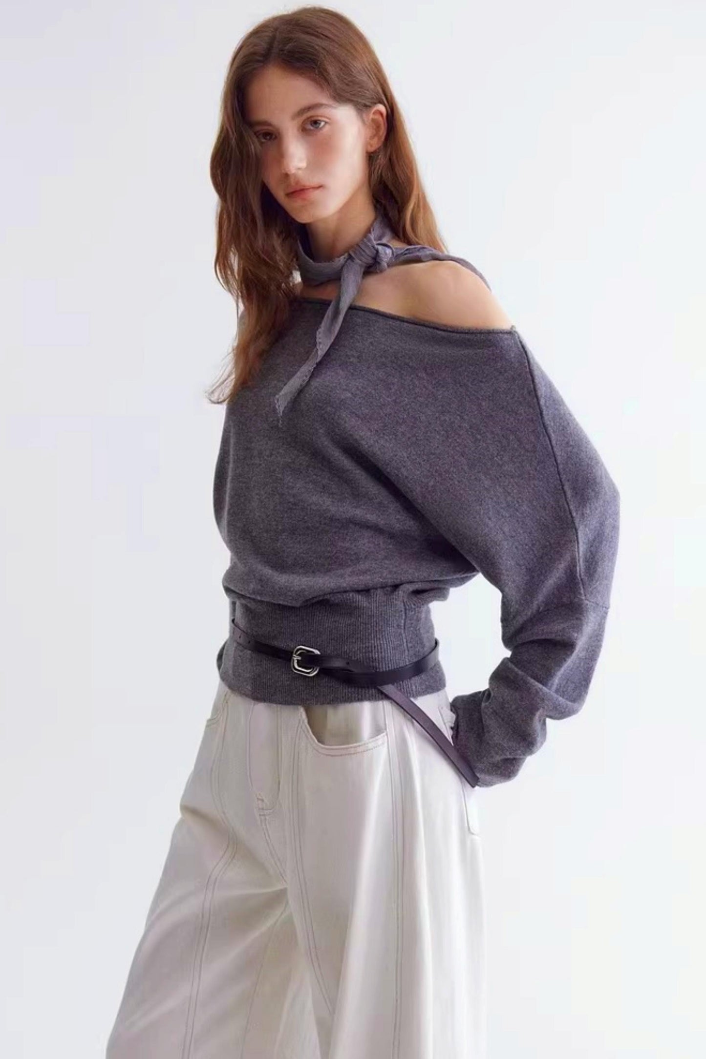 Rolled Edge Off-Shoulder Wool Sweater