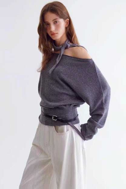 Rolled Edge Off-Shoulder Wool Sweater
