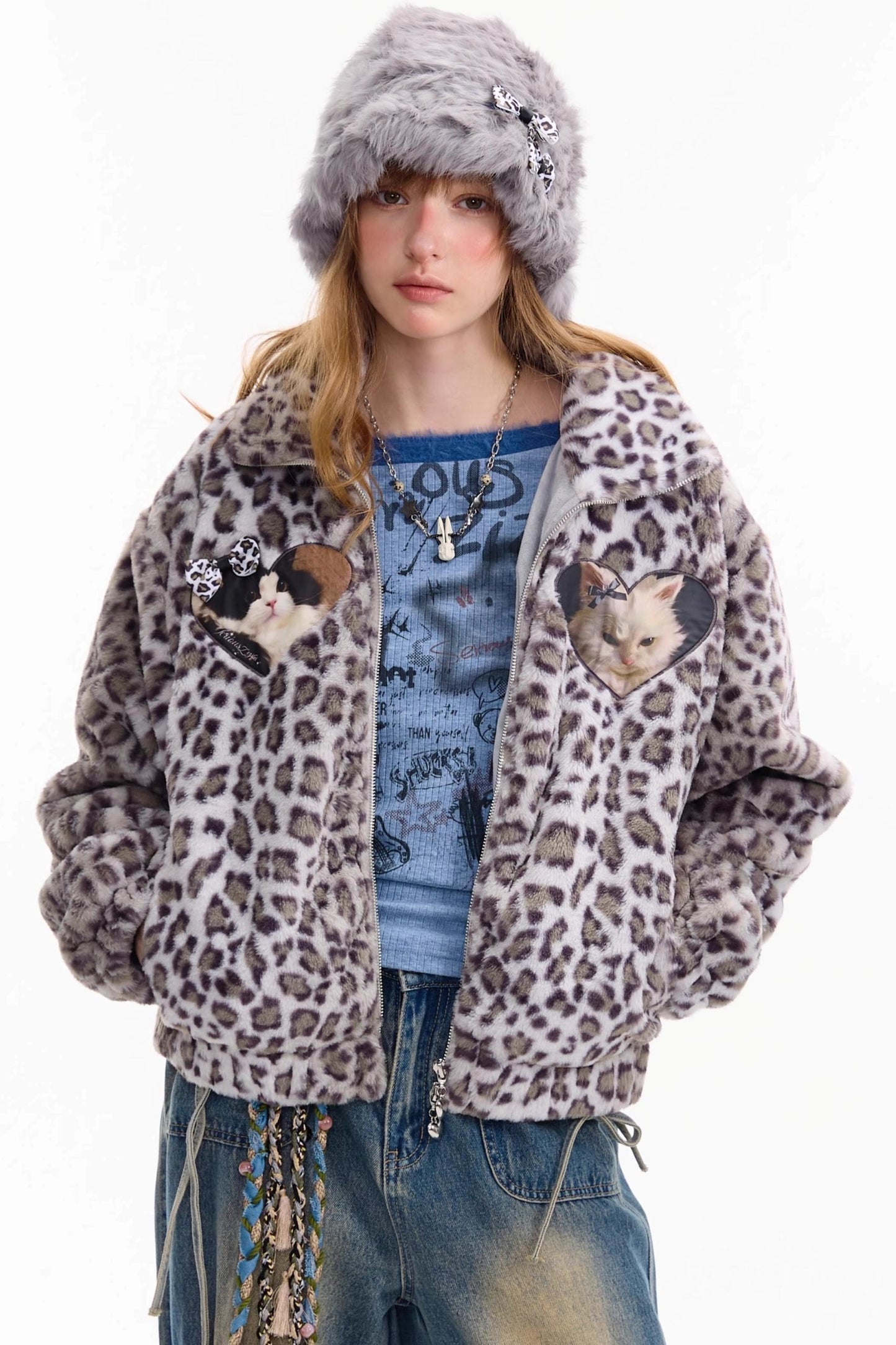 Winter Cat Print Fluffy Coat