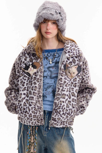 Winter Cat Print Fluffy Coat